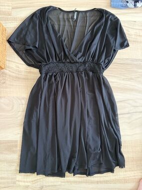 Torrid Mesh Black V-Neck Smocked Waist Swim Cover Up, 1X 14/16